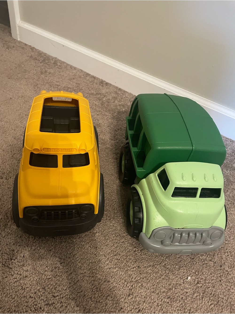 Set of 2 Green Toys: recycled plastic eco friendly school bus recycling truck